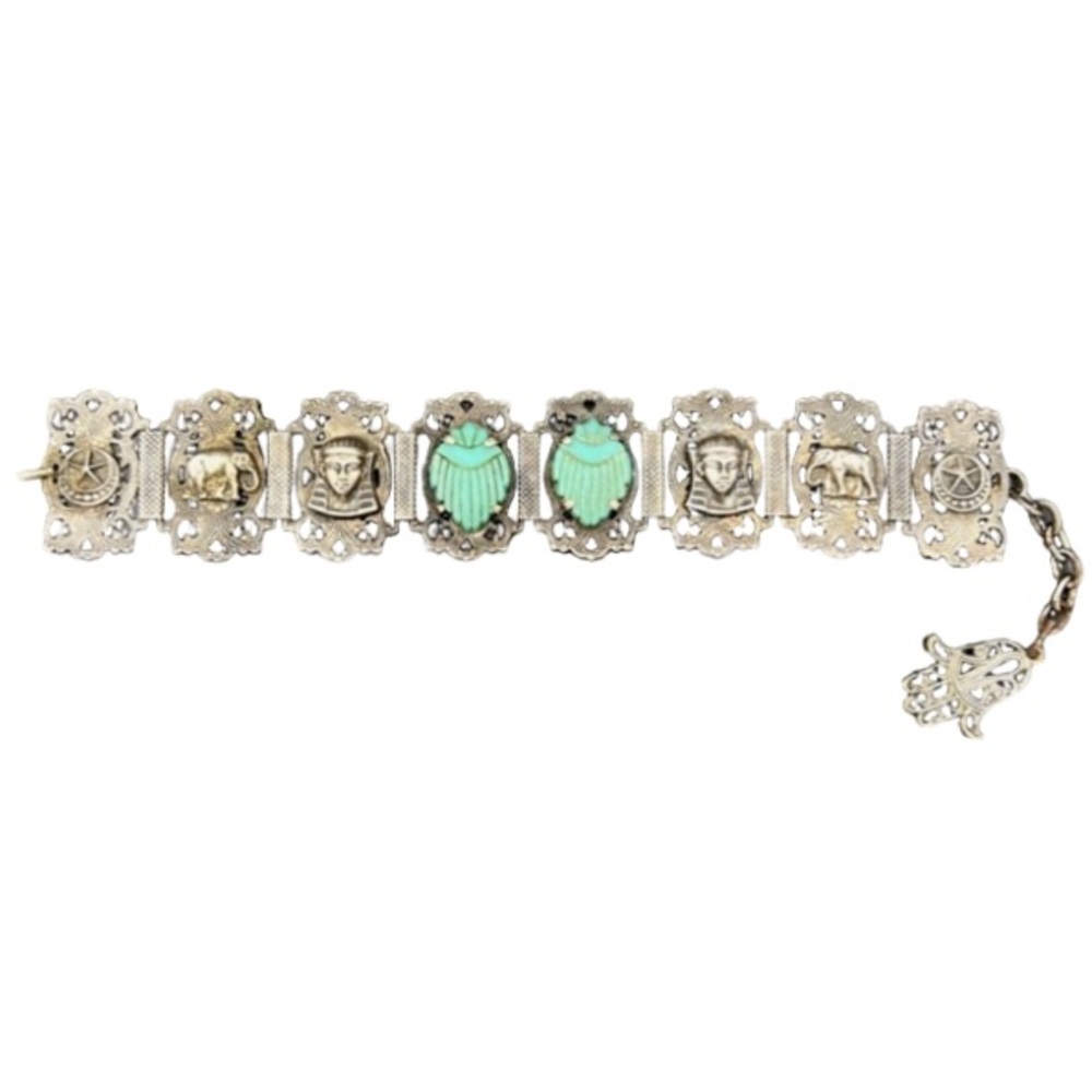 VTG Silver Egyptian Revival Filagree Panel Link Bracelet With Turquoise Scarab